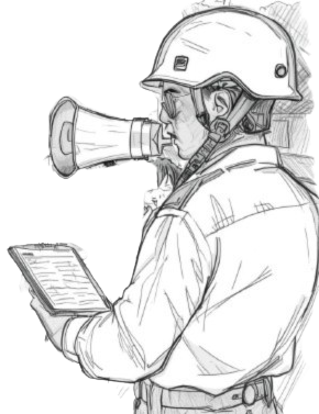 Evacuation guide with megaphone